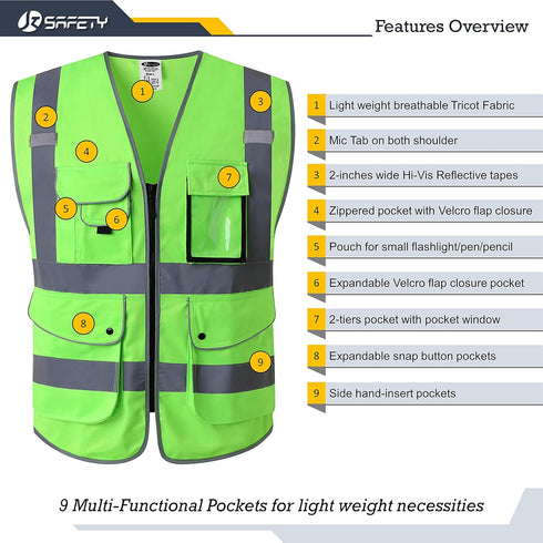 JKSafety 9 Pockets Class 2 High Visibility Zipper Front Safety Vest With Reflective Strips, Meets ANSI/ISEA Standards (150-Green, 4X-Large)...
