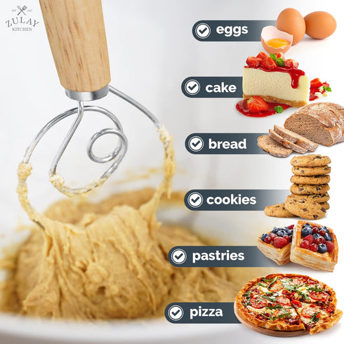 Zulay Kitchen 13-Inch Danish Dough Whisk - Wooden Danish Whisk for Dough with Stainless Steel Dough Hook - Traditional Dutch Whisk - Bread Whisk f...