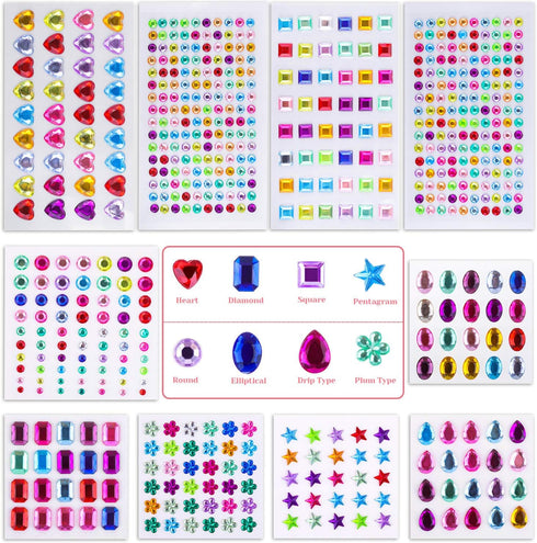 Self Adhesive Rhinestones, Cridoz 735Pcs Craft Gems Self Adhesive Jewels Stickers Crystal Jewels and Gems for Crafts (12 Sheets Assorted Shapes an...