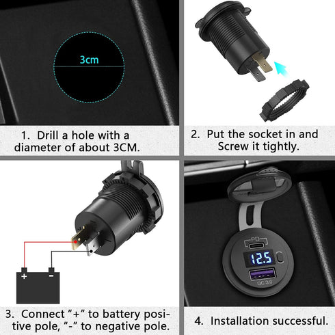 USB C Car Charger Socket, Qidoe 12V/24V Dual USB Outlet PD3.0 & QC3.0 Car USB Port with LED Voltmeter and ON/Off Switch DIY Car Socket for Car Boa...
