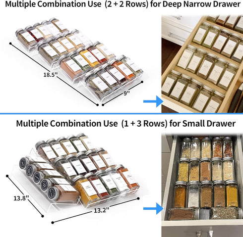 Clear Acrylic Spice Drawer Organizer, 4 Tier- 1 Set Seasoning Jars Drawers Insert, Kitchen Spice Rack Tray for Drawer/Countertop (Jars not include...