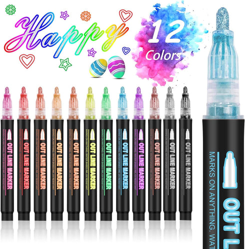 Outline Markers Self-outline Metallic Markers, 12 Colors Double Line Outline Markers, Super Squiggles Shimmer Outline Glitter Pen Set for Christma...