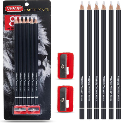 PANDAFLY Eraser Pencil Set - 6pc Eraser Pencils and 2pc Sharpener, Erasing Small Details or add Highlights for Sketching, Charcoal Drawings. Art E...