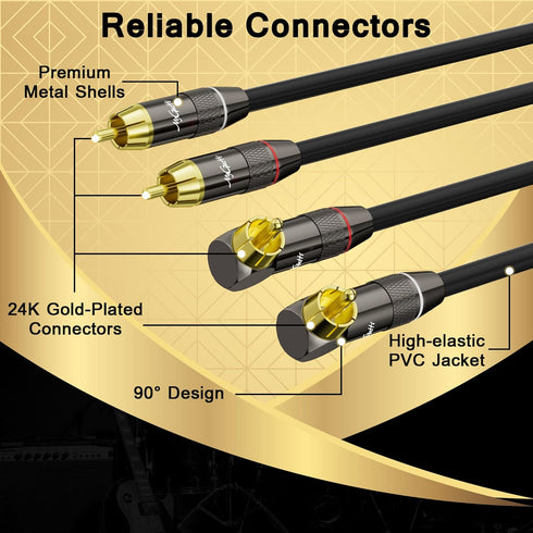 RCA Cable 10 FT, 90 Degree Right Angle 2RCA to 2RCA Stereo Audio Cable, Zinc Alloy Shell, Gold-Plated Plug, 2 RCA Audio Cord, for Home Theater, Su...