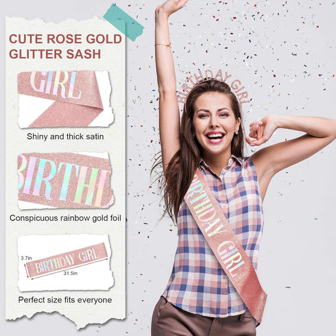 Birthday Crown and Sash Set for Women - Glitter Birthday Girl Sash, Rose-Gold Rhinestone Tiara Headband Gifts Sweet Happy Accessories...