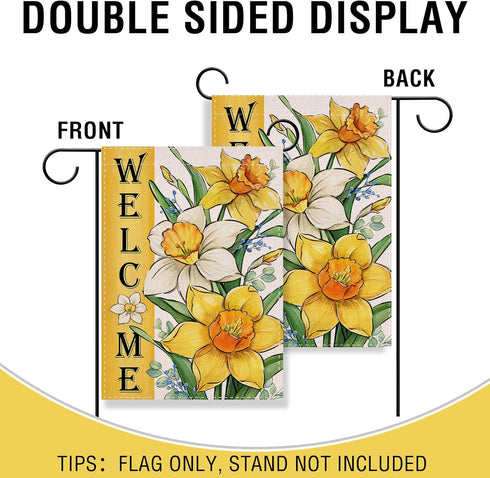 Welcome Spring Summer Floral Flower Small Decorative Garden Flag, Yellow Daffodil Eucalyptus Leaves Yard Lawn Outside Decor, Seasonal Burlap Outdo...