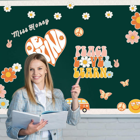 Whaline 67Pcs Retro Boho Classroom Bulletin Board Decoration Kit Pink Groovy Hippie Bulletin Board Set Daisy Heart Butterfly Cutouts with Glue Poi...