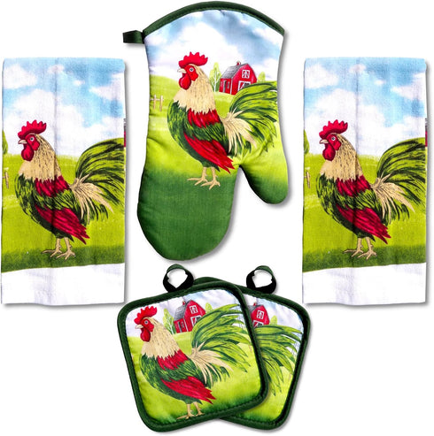 Lobyn Value Packs: 5-Piece Country Kitchen Towel Set – Proud Rooster & Red Barn Motif, 2 Lightweight Terry Cloth Dish Towels Quilted Oven Mitt & 2...