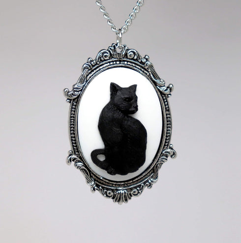 Black Cat Cameo in Antique Silver Finish Pewter Frame Pendant Necklace...