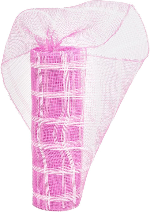 MEEDEE Pink and White Plaid Deco Mesh 10 Inch Pink White Check Mesh Ribbon Fabric Mesh Roll Decorative Mesh Wreath Supplies for Baby Shower It's A...