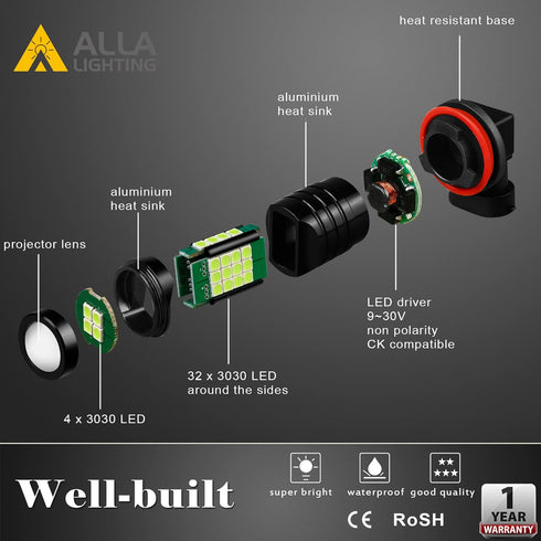 Alla Lighting H8 H11 LED Bulbs, Fog Lights or DRL Lamps Replacement 8000K Ice Blue 12V H11LL H8LL H16 for Cars, Trucks, Xtreme Super Bright 3030 3...