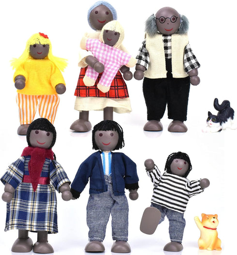 Wooden Dollhouse People of 7 Pcs Family Figures with 2 Pets (Dog and Cat) for Girls Toddler Kids Dollhouse Accessories Toy...