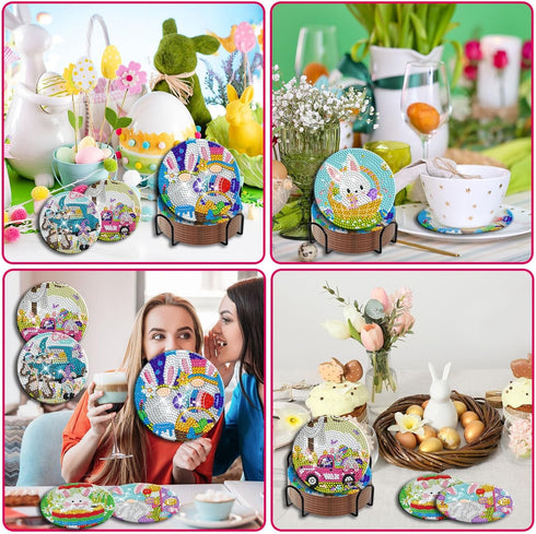8 Pieces Easter Diamond Coasters Kits Holder DIY Easter Rabbit Diamond Art Coaster Coaster for Adults Diamond Kits Supplies for Spring Easter Gift...