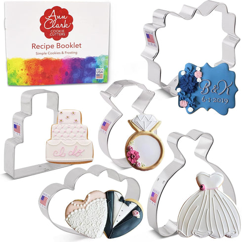 Ann Clark Cookie Cutters Wedding Cookie Cutters 5-Pc Set Made in the USA, Square Plaque, Wedding Cake, Wedding Dress, Diamond Ring, Double Heart...