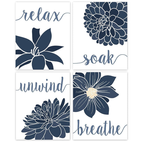 Simple Relax Soak Unwind Breathe Navy Blend Floral Prints, 4 (8x10) Unframed Photos, Wall Art Decor Gifts for Home Office Salon Lounge Bathroom Sc...