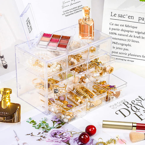 Desk Storage Organizer with 9 Mini Drawers, FODIENS Clear Desktop Craft Drawer Cabinet, Stackable Storage Box Caddy for Makeup Jewelry Office Craf...