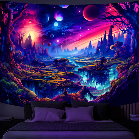Simpkeely Fantasy Planet Tapestry, Blacklight Forest Natural Landscape Retro Aesthetic Wall Hanging, UV Reactive Sunset Trees Tapestries for Bedro...