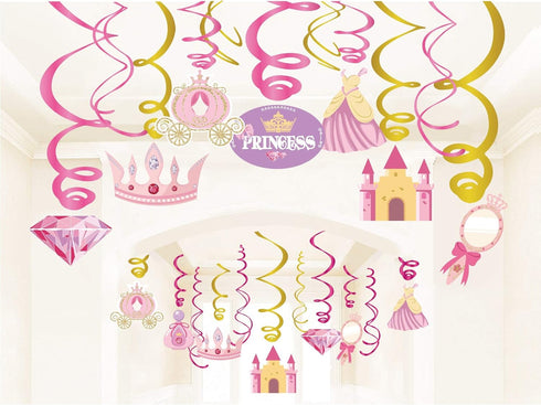 30Ct Princess Hanging Swirl Decorations, Cinderella Party Supplies, Little Royal Queen Birthday Theme Pink Decor for Boy Girl Fairytale Baby Showe...