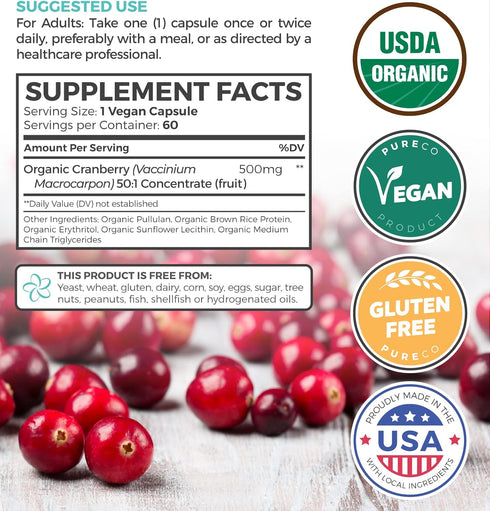 Organic Cranberry Pills - 50:1 Concentrate Equals 25,000mg of Fresh Cranberries (Vegan) for Urinary Tract Health & Kidney Cleanse - Cranberry Pill...