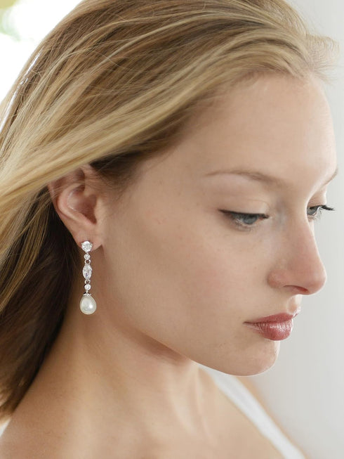 Mariell Pearl Dangle Wedding Earrings with Cubic Zirconia Crystals, Pearl Bridal Earrings, Jewelry for Brides, Homecoming, Mother of the Bride...