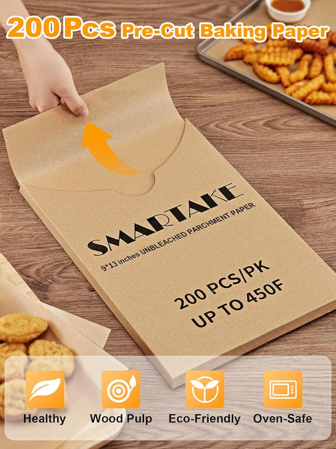 SMARTAKE 200 Pcs Parchment Paper Baking Sheets, 9x13 Inches Non-Stick Precut Baking Parchment, for Baking Grilling Air Fryer Steaming Bread Cup Ca...