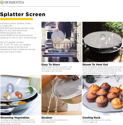 Homestia Grease Splatter Screen for Frying Pan Available in 10"/11.5"/13" with Fold Flat Knob Fine Mesh Cooking Splash Guard Skillet Splatter Shie...