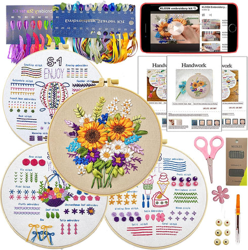 KLOSN 4 Sets Embroidery Kit for Beginners, Sun Flower Ribbon Embroidery Patterns & Basic Embroidery Stitches Kits, Needlepoint Kits for Adults, Be...