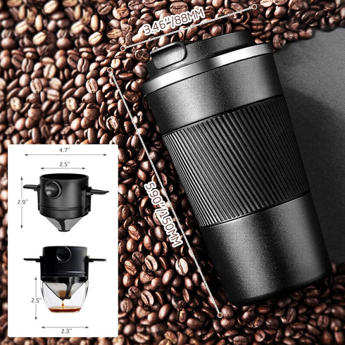 Portable Pour Over Coffee Travel Mug with Reusable Filter, 13oz Stainless Steel Vacuum Thermal Cup, Drip Coffee Tea Cup Maker Set for Camping Trip...