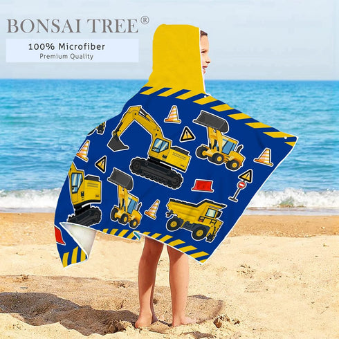 Kids Beach Towel With Hood - Excavators Vehicles Engineering Theme for Boys Girls, Microfiber Soft Bath Poncho Bathrobe Wrap Robe for Swim Pool - ...
