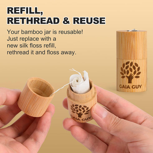 Gaia Guy Natural Unflavored Silk Dental Floss with Floss Refill & Reusable Bamboo Holder | 2 x 33yds Compostable Pure Silk Waxed with Candelilla W...
