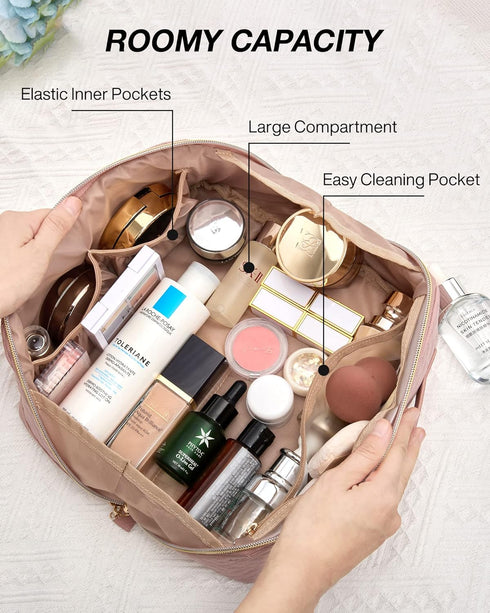 BAGSMART Travel Makeup Bag - Water-Resistant Portable Cosmetic Pouch, Flat Open Organizer for Toiletries and Brushes, Pink...