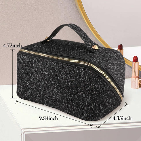 Large Capacity Travel Cosmetic Bag - Lay Flat Makeup Bag with Handle and Compartment Large Opening Sparkly Glitter Cosmetics Organizer for Girl, B...