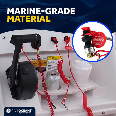 Five Oceans Marine Universal Emergency Cut-Off Switch, Kill Switch for Boat, Engine Shut-Off Switch 12VDC, Coil Extendable Lanyard, Snap Hook and ...
