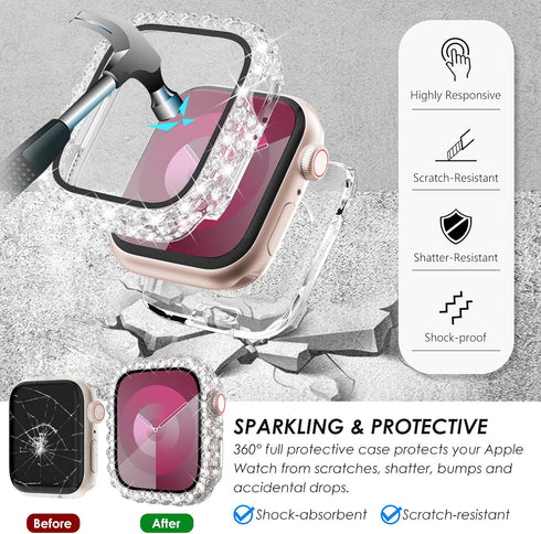Surace 2 in 1 Waterproof Bling Case Compatible for Apple Watch Series 6 5 4 SE 40mm Screen Protector, Lace Edge Diamond Protective Bumper Face Cov...