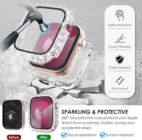 Surace 2 in 1 Waterproof Bling Case Compatible for Apple Watch Series 6 5 4 SE 44mm Screen Protector, Lace Edge Diamond Protective Bumper Face Cov...