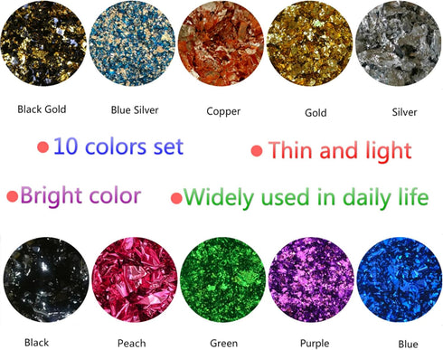 Gold Foil Flakes for Resin, Yibeishu10 Colors Metallic Foil Flakes,Gilding Flakes for Nails, Crafts (Gold, Silver, Copper, Black, Green, Blue, Blu...