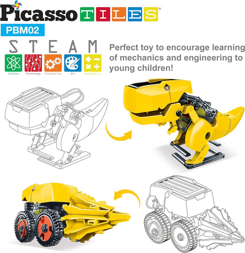 PicassoTiles STEM Kids Solar Powered Dinosaur Robot Educational Learning Engineering Building Toy 3-in-1 Creative Unique Transformation Renewable ...