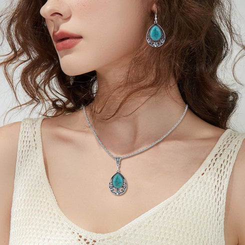 Boho Turquoise Jewelry with Dangle Earrings and Turquoise Necklace for Women Trendy, Handmade Bohemian Western Chunky Necklaces and Statement Earr...