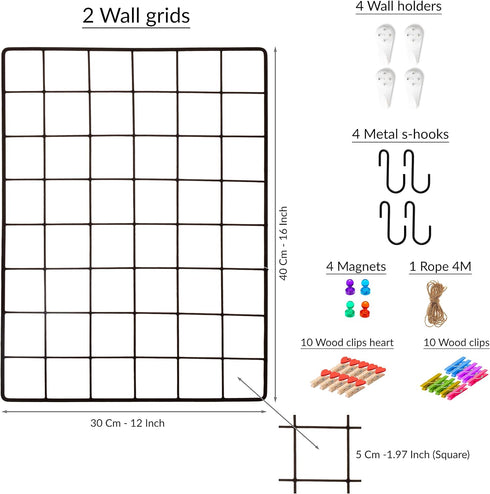 2 Pack Wire Wall Grid Panel | Photos & Pictures Display Grid Wall Panels | Black, Magnetic & Metal Grid | Photo Grid | Grid Wire Board | Hanging H...