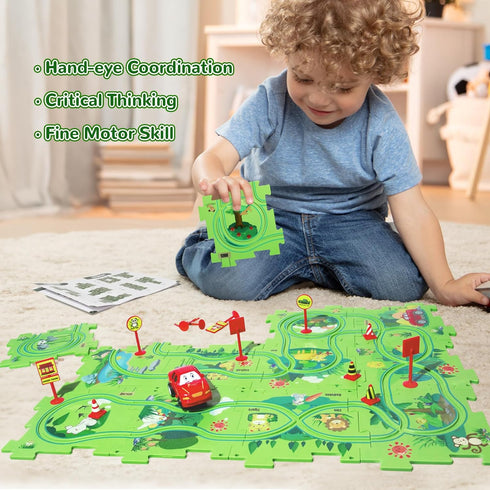 Puzzle Track Car Play Set, Plastic Puzzles for Kids with Vehicles, Railcar Puzzle, Car Tracks for Toddlers, Toys Gifts for 2 3 4 5 6 Year Old Boys...
