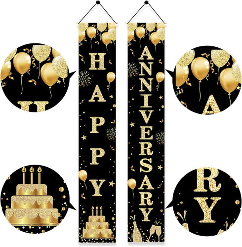 Wedding Anniversary Door Banner - Black Gold Happy Anniversary Sign for Party Decorations, Welcome Porch Outdoor Supplies...