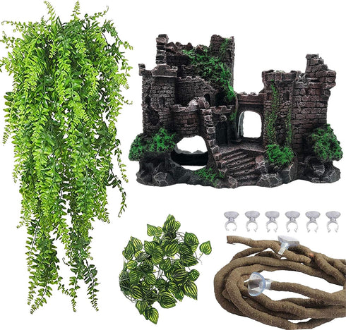 PINVNBY Resin Classical Castle Reptile Habitat Decorations Lizard Hideouts Cave Terrarium Realistic Details Ornament Aquarium Accessories for Cham...