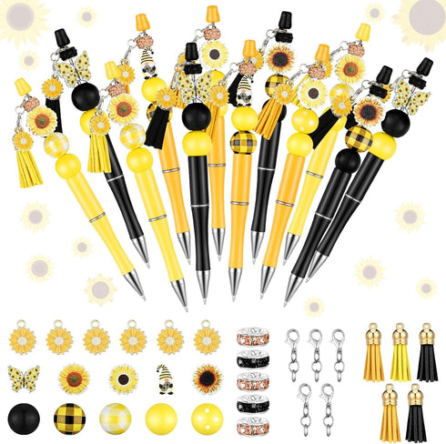 ReliThick 15 Sets Sunflower Beadable Pens Bulk Plastic Beadable Pens Assorted Bead Pens Wood Spacer Round Beads Black Ink Ballpoint Pen DIY Bead P...