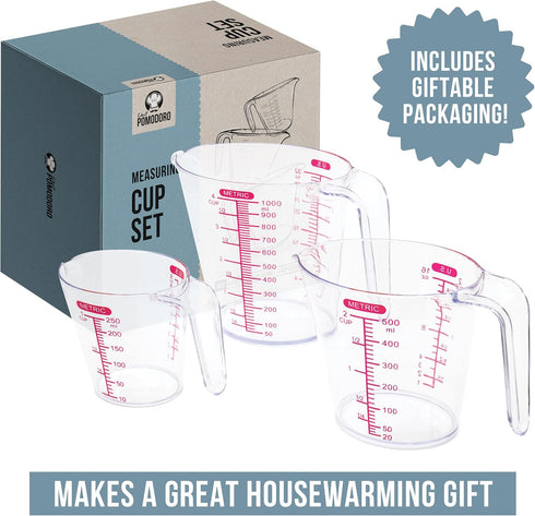 Chef Pomodoro 3-Piece Liquid Meausuring Cups Set - Ml and Oz Measuring Cup - Includes 1, 2 and 4 Cup, BPA-Free Plastic Measuring Cups for Liquids,...