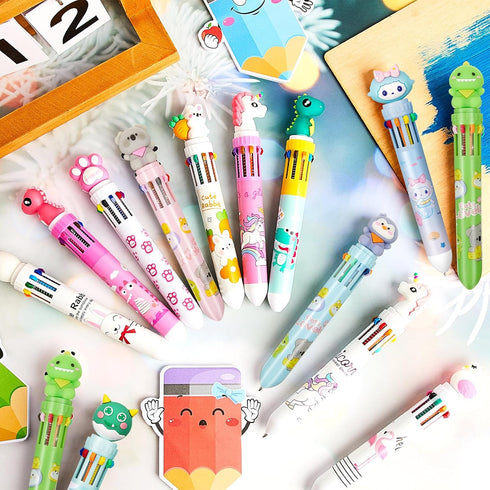 12 Pcs Multicolor Pens 10 in 1 Retractable Ballpoint Pens 0.5 mm Animals Ballpoint Pens Back to School Gift for Students Animal Shaped Design Shut...
