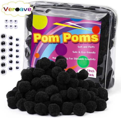 Veroave 150 Pieces Pom Poms 1 Inch Black,Small Pom Poms for Crafts, Puff Balls, Arts and Craft Pom Pom Balls for DIY Art Creative Crafts Decoratio...