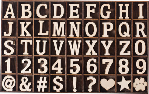 270 Pieces 1 Inch Wood Alphabet Letters Wooden Numbers Mini Blank Symbols Unfinished Heart Star Paw with Rustic Storage Tray for Home Decor Spelli...