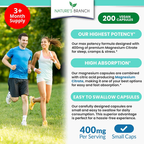 Magnesium Citrate 400mg - 200 Capsules - High Potency for Sleep, Leg Cramps, Extra Strength Absorption, Easy to Swallow Pills for Women & Men, Veg...
