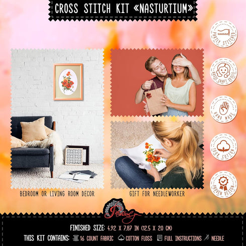 Povitrulya Summer Flowers Cross Stitch Kit 'Nasturtium' - Floral DIY Embroidery Set for Adults with Paper Pattern and Prestored Floss...