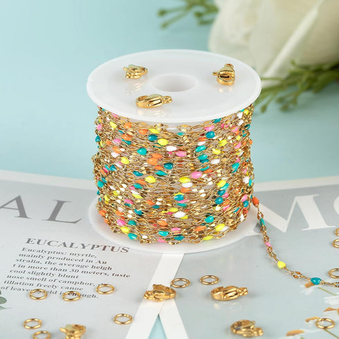 UMAOKANG 16.4ft/5m Gold Plated Stainless Steel Chains Bulk Mixed Color Enamel Bead Chain Spool for Jewelry Making with Jump Rings and Lobster Clas...